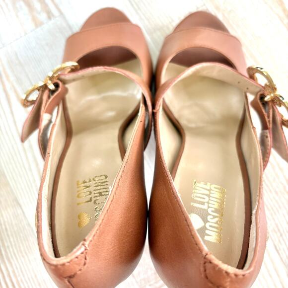 Love Moschino Leather Peep Toe Stacked‎ Heel Mary Jane Pumps | Brown 39 - Picture 7 of 11